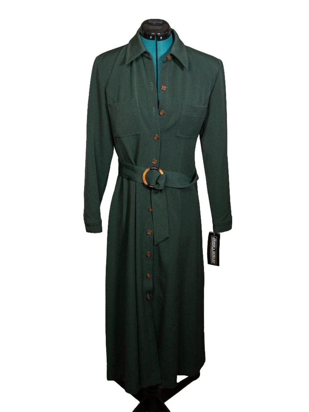 NWT Vintage 90s Jessica Howard Dark Green Button Up Maxi Dress - 10P Petite